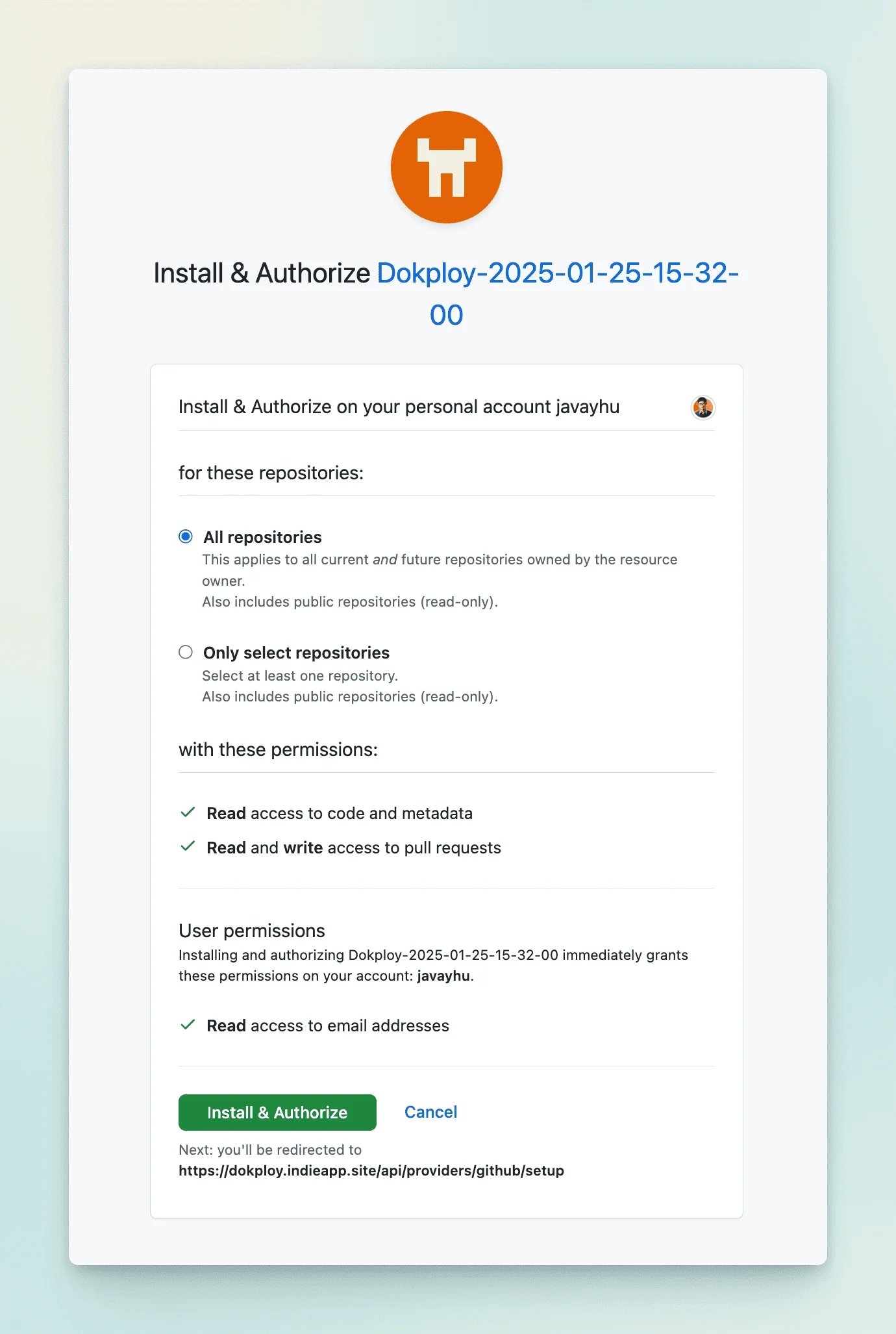 authorize the Github app