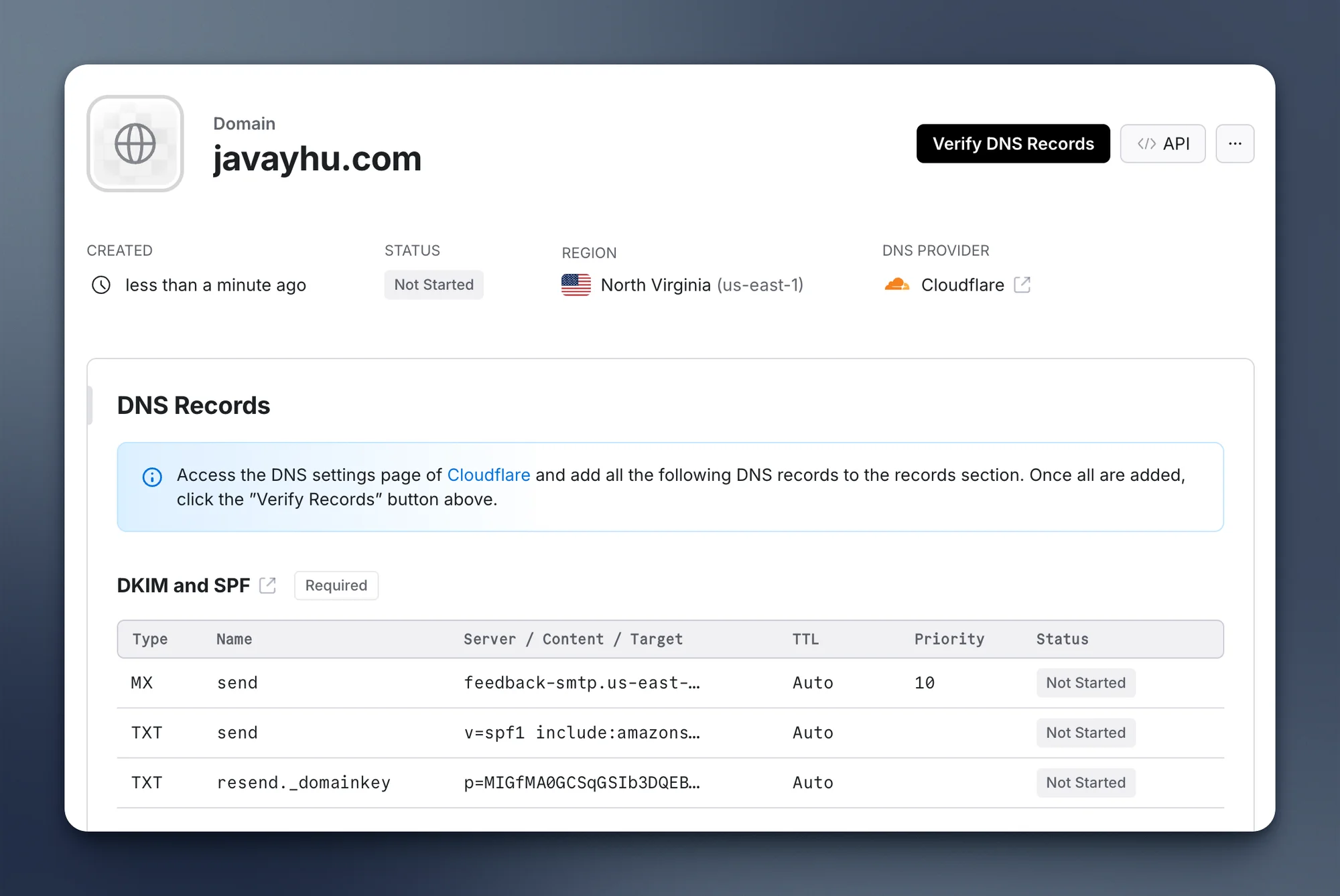 resend add domain dns records